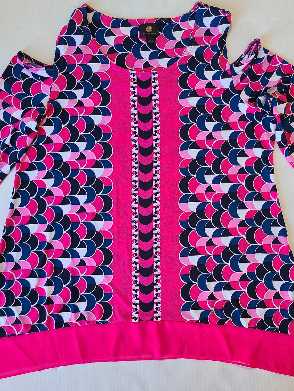 JM Collection Top Size L Boho Tunic Pink Blue Scale Print Cold Shoulder Flutter